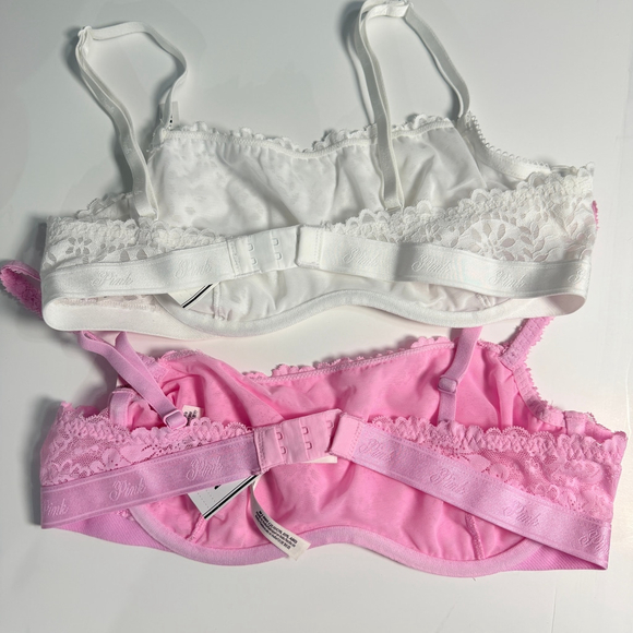 2 Victoria's Secret PINK New With Tags Unlined Lace Bra Set Size M Pink & White - Picture 4 of 5